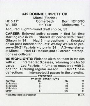 1986 McDonald's New England Patriots #NNO Ronnie Lippett Back
