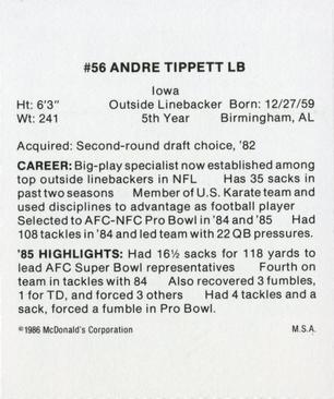 1986 McDonald's New England Patriots #NNO Andre Tippett Back