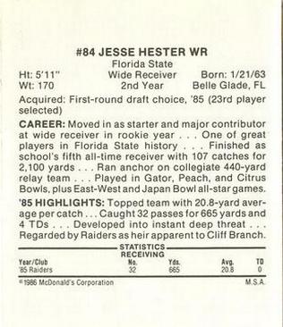 1986 McDonald's Los Angeles Raiders #NNO Jessie Hester Back