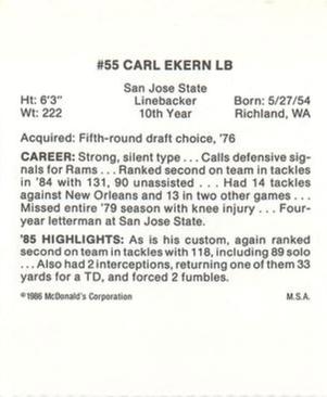 1986 McDonald's Los Angeles Rams #NNO Carl Ekern Back