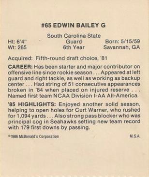 1986 McDonald's Seattle Seahawks #NNO Edwin Bailey Back
