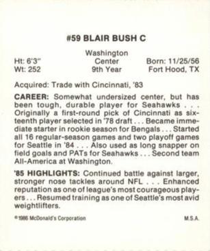 1986 McDonald's Seattle Seahawks #NNO Blair Bush Back