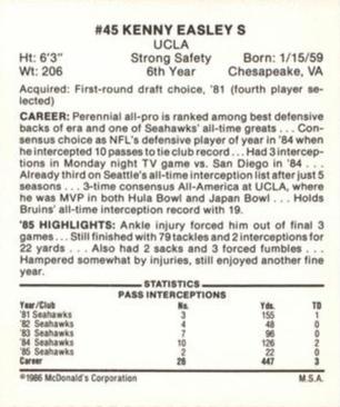 1986 McDonald's Seattle Seahawks #NNO Kenny Easley Back