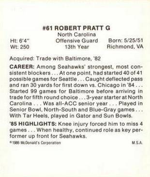 1986 McDonald's Seattle Seahawks #NNO Robert Pratt Back