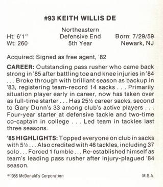 1986 McDonald's Pittsburgh Steelers #NNO Keith Willis Back