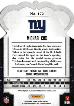 2013 Panini Crown Royale - Rookie Signatures Silver #172 Michael Cox Back