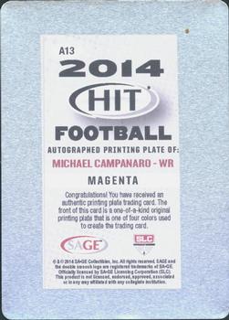 2014 SAGE HIT - Autographs Printing Plates Magenta #A13 Michael Campanaro Back