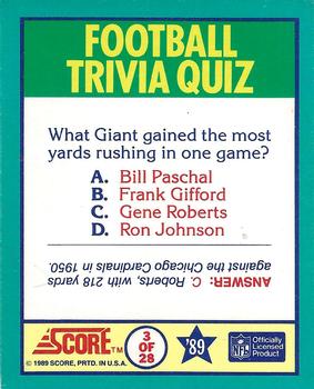 1989 Score - Magic Motion: Football Trivia Quiz #3 Football Trivia Quiz Back