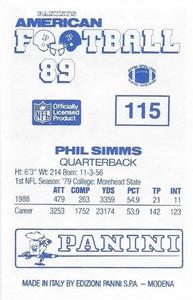 1989 Panini Stickers (UK) #115 Phil Simms Back