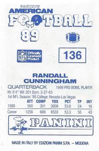 1989 Panini Stickers (UK) #136 Randall Cunningham Back