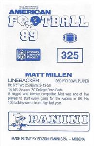 1989 Panini Stickers (UK) #325 Matt Millen Back