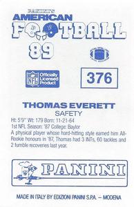 1989 Panini Stickers (UK) #376 Thomas Everett Back