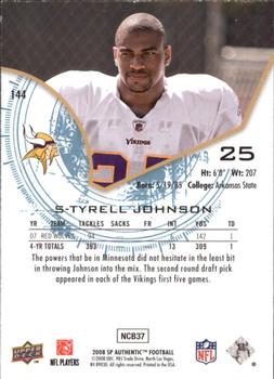2008 SP Authentic #144 Tyrell Johnson Back