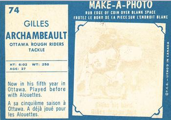 1961 Topps CFL #74 Gilles Archambault Back