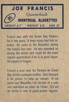 1962 Topps CFL #85 Joe Francis Back