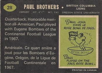 1970 O-Pee-Chee CFL #28 Paul Brothers Back