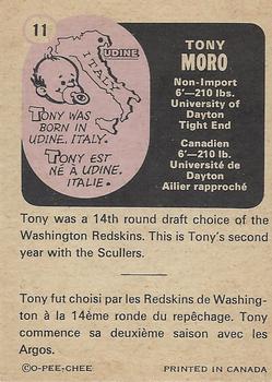 1971 O-Pee-Chee CFL #11 Tony Moro Back
