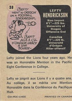 1971 O-Pee-Chee CFL #38 Lefty Hendrickson Back