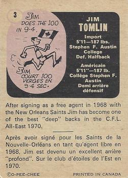 1971 O-Pee-Chee CFL #3 Jim Tomlin Back