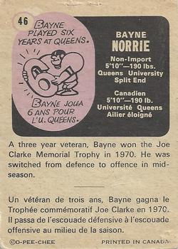 1971 O-Pee-Chee CFL #46 Bayne Norrie Back