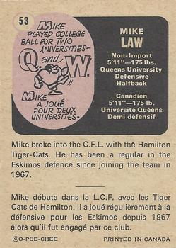 1971 O-Pee-Chee CFL #53 Mike Law Back