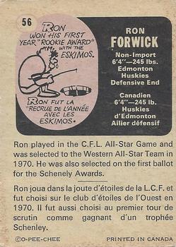 1971 O-Pee-Chee CFL #56 Ron Forwick Back