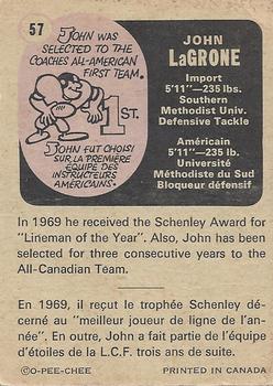 1971 O-Pee-Chee CFL #57 John LaGrone Back