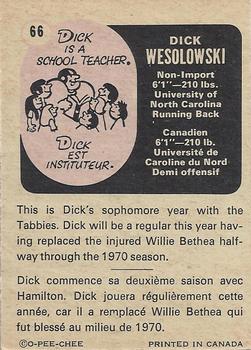 1971 O-Pee-Chee CFL #66 Dick Wesolowski Back