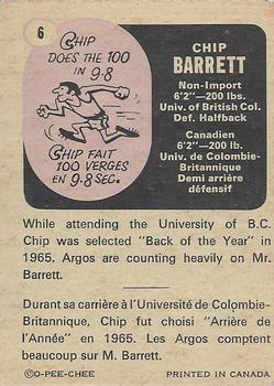 1971 O-Pee-Chee CFL #6 Chip Barrett Back