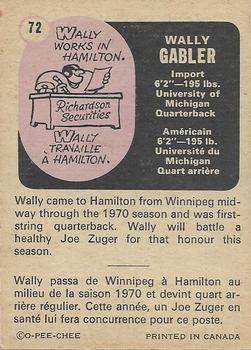 1971 O-Pee-Chee CFL #72 Wally Gabler Back