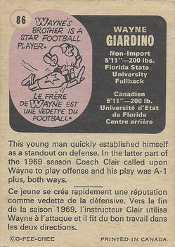 1971 O-Pee-Chee CFL #86 Wayne Giardino Back