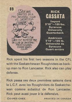 1971 O-Pee-Chee CFL #89 Rick Cassatta Back