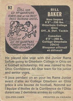 1971 O-Pee-Chee CFL #92 Bill Baker Back