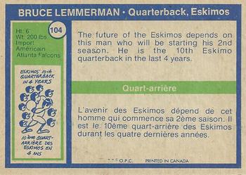 1972 O-Pee-Chee CFL #104 Bruce Lemmerman Back