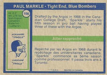 1972 O-Pee-Chee CFL #108 Paul Markle Back