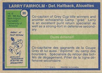1972 O-Pee-Chee CFL #20 Larry Fairholm Back