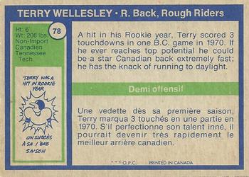1972 O-Pee-Chee CFL #78 Terry Wellesley Back
