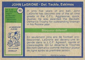 1972 O-Pee-Chee CFL #93 John LaGrone Back
