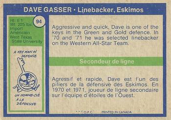 1972 O-Pee-Chee CFL #94 Dave Gasser Back