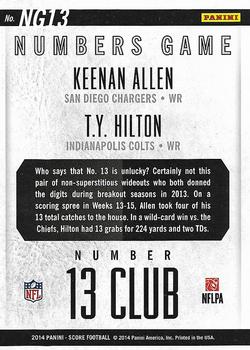 2014 Score - Numbers Game #NG13 Keenan Allen / T.Y. Hilton Back