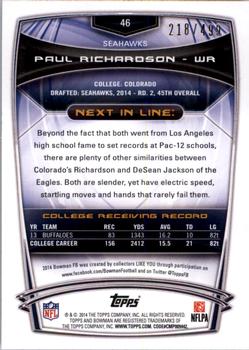 2014 Bowman - Rookies Rainbow Blue #46 Paul Richardson Back