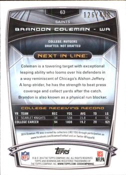 2014 Bowman - Rookies Rainbow Blue #63 Brandon Coleman Back