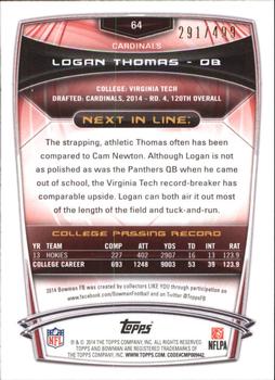 2014 Bowman - Rookies Rainbow Blue #64 Logan Thomas Back