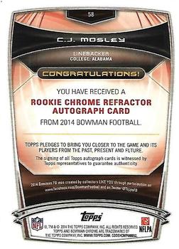 2014 Bowman - Chrome Rookie Autographs Blue Refractors #58 C.J. Mosley Back