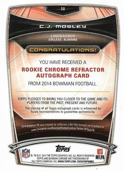 2014 Bowman - Chrome Rookie Autographs Red Refractors #58 C.J. Mosley Back