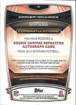 2014 Bowman - Chrome Rookie Autographs Refractors #30 Damien Williams Back