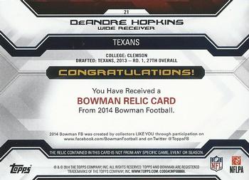 2014 Bowman - Relics Gold #21 DeAndre Hopkins Back