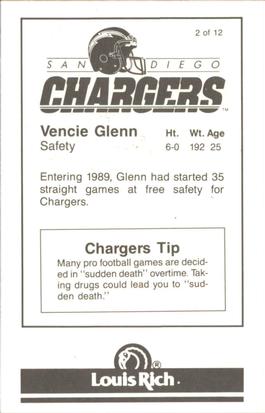 1989 San Diego Chargers Police #2 Vencie Glenn Back