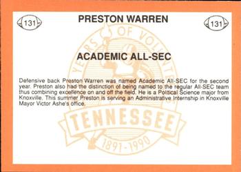 1990 Tennessee Volunteers Centennial #131 Preston Warren Back