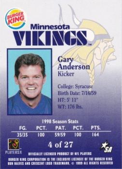 1999 Burger King Minnesota Vikings #4 Gary Anderson Back